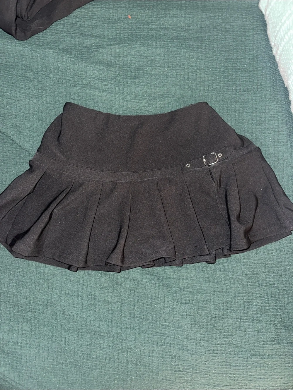 Black Pleated Skater Mini Skirt with Side Buckle